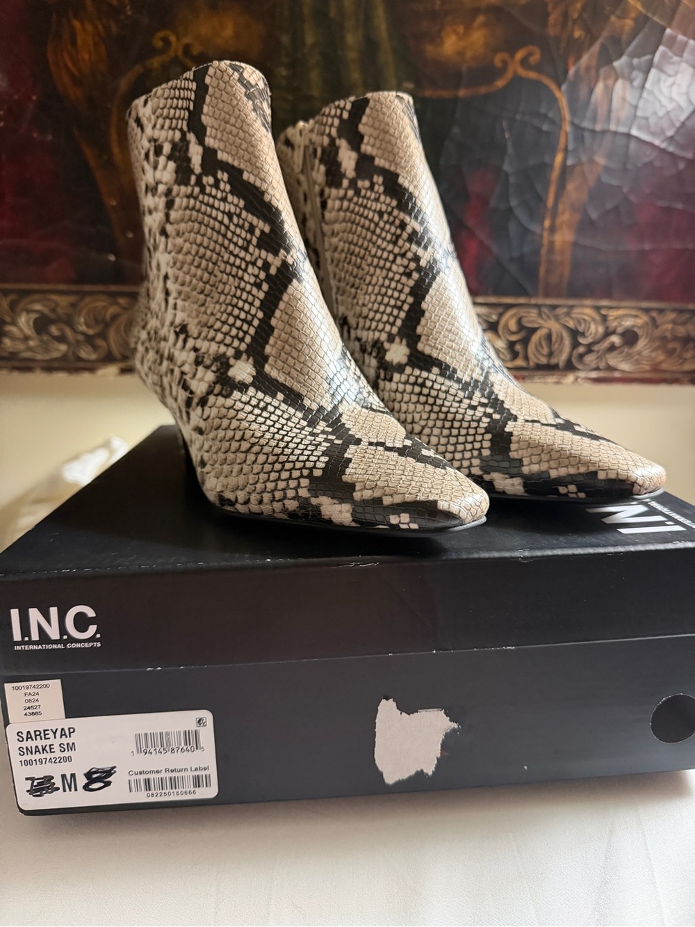 INC International Concepts Snake-Print Pointed Ankle Boots in Beige and Black